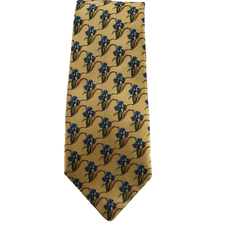 Burberry's Necktie Mens Yellow Floral Silk Made In England Vintage Formal Office